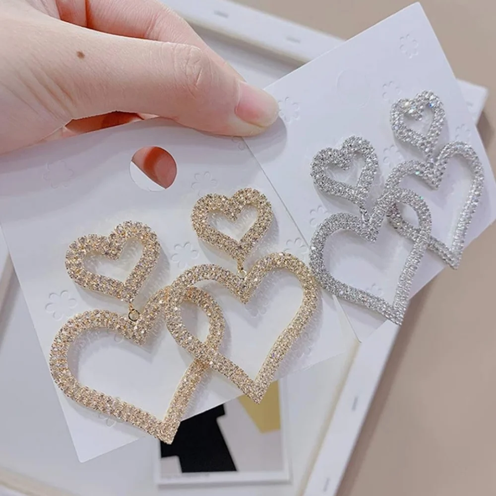 Rhinestone Heart Drop Earrings Statement Earrings Gold or Silver - Picture 7 of 13